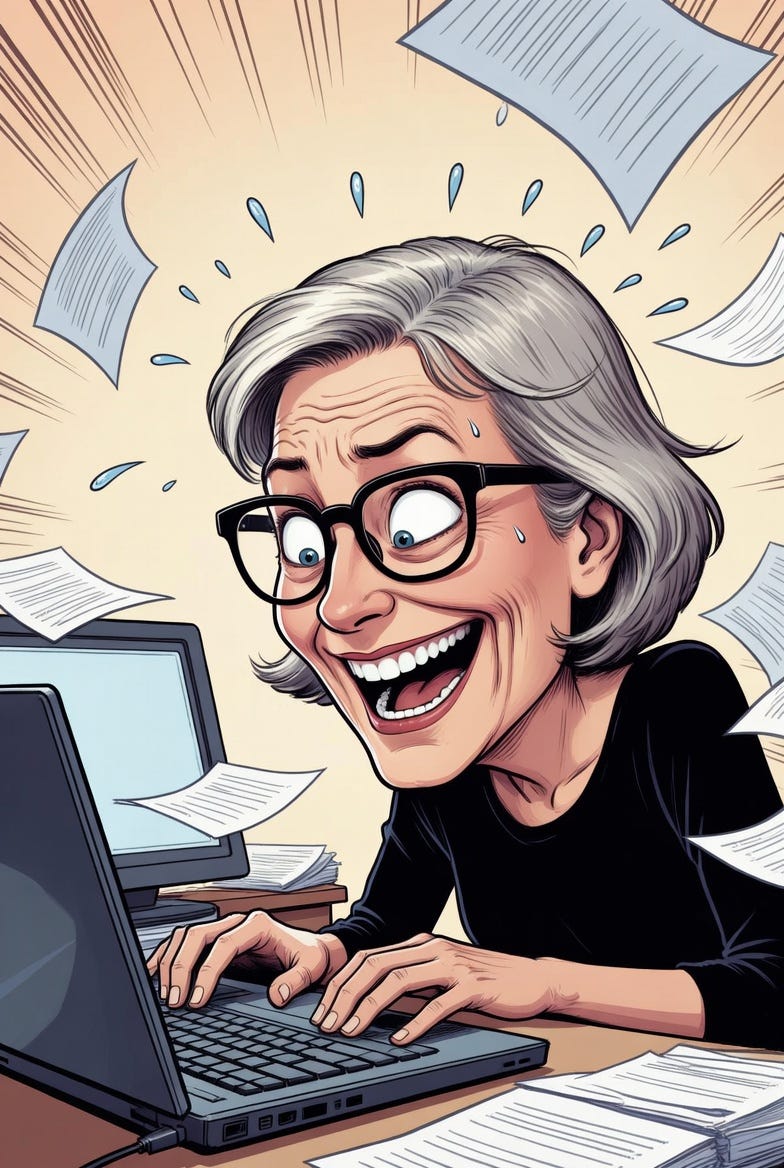 Image depicts a woman writing feverishly