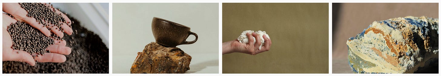 Images: 1–2. Kaffeform’s “old coffee” raw material and coffee cup blended using other biopolymers. 3–4. Tessa Silva’s Feminised Protein work with handful of raw milk (or curds) and protein vessel. Images: 1–2. Kaffeform’s “old coffee” raw material and coffee cup blended using other biopolymers. 3–4. Tessa Silva’s Feminised Protein work with handful of raw milk (or curds) and protein vessel.
