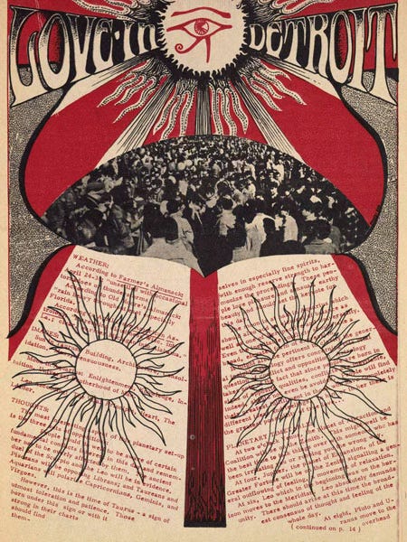 poster image of a mass gathering beneath the Eye of Horus. Love-In Detroit poster image of a mass gathering beneath the Eye of Horus. Love-In Detroit