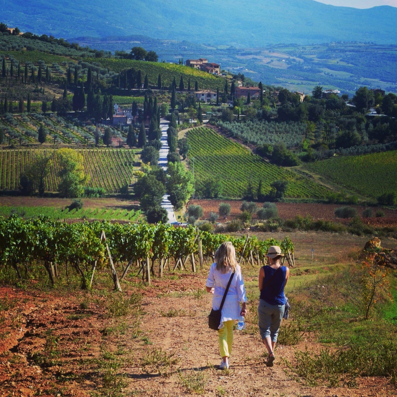Tuscan vinyard with two women walking down a hill.