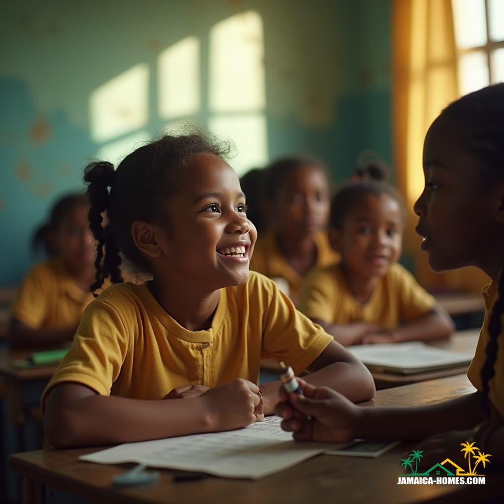  Cinematic film still, shot on v-raptor XL, of beautiful Jamaican kids in a classroom in Jamaica, vibrant and sunlit, with palpable joy and curiosity. Film grain, vignette, color graded, post-processed, cinematic lighting, 35mm film, live-action, best quality, atmospheric, a masterpiece, epic, stunning, dramatic.