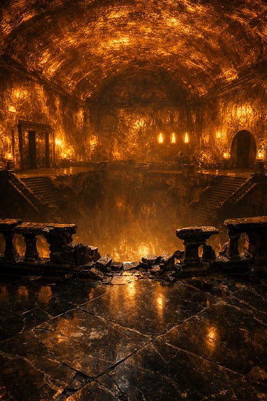 The Overlook of the Amber Temple, vast balcony of black marble with shattered railing, amber-glazed walls glowing like frozen honey, eerie golden light The Overlook of the Amber Temple, vast balcony of black marble with shattered railing, amber-glazed walls glowing like frozen honey, eerie golden light