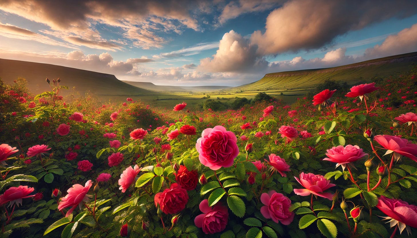 A scenic field filled with wild Irish roses in full bloom, displaying vibrant red and pink flowers with lush green stems and leaves. The landscape features rolling hills in the background, a partly cloudy blue sky, and a gentle sunlight illuminating the roses. The scene evokes a serene and natural atmosphere, capturing the essence of untouched beauty in a countryside setting.