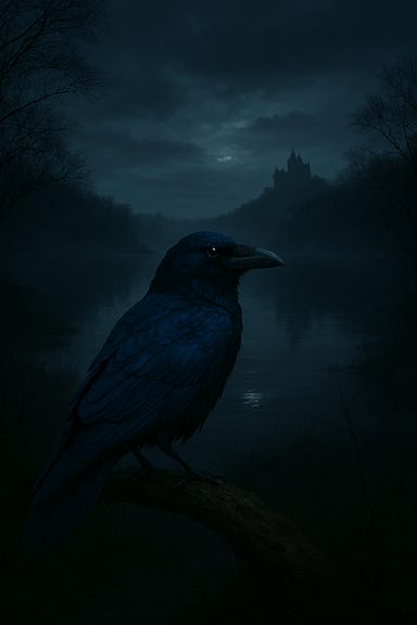 Create an image of Lake Zarovich from Curse of Strahd seen from a distance: a vast, still lake black as spilled ink, with faint moonlight shimmering across its glassy surface, surrounded by misty Barovian forest and distant weathered docks