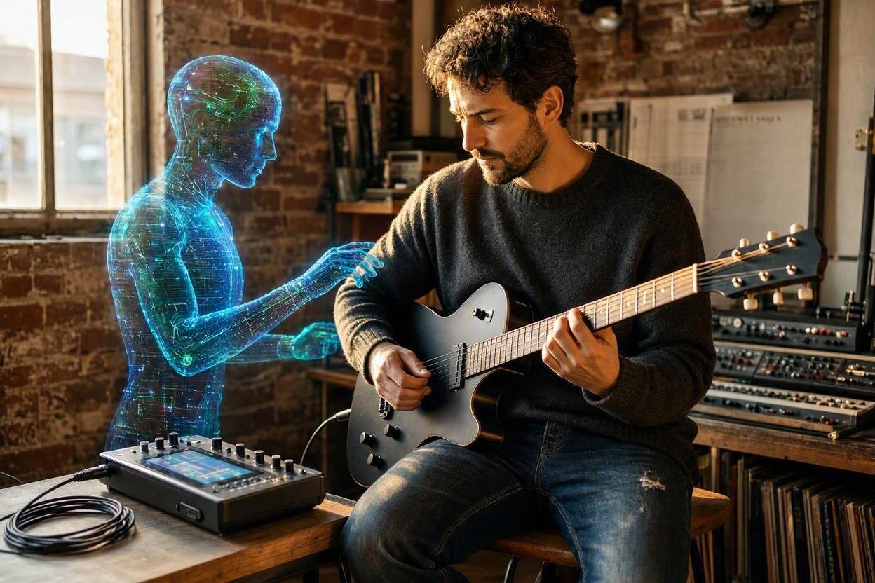 A modern image of AI and a musician working together creatively 