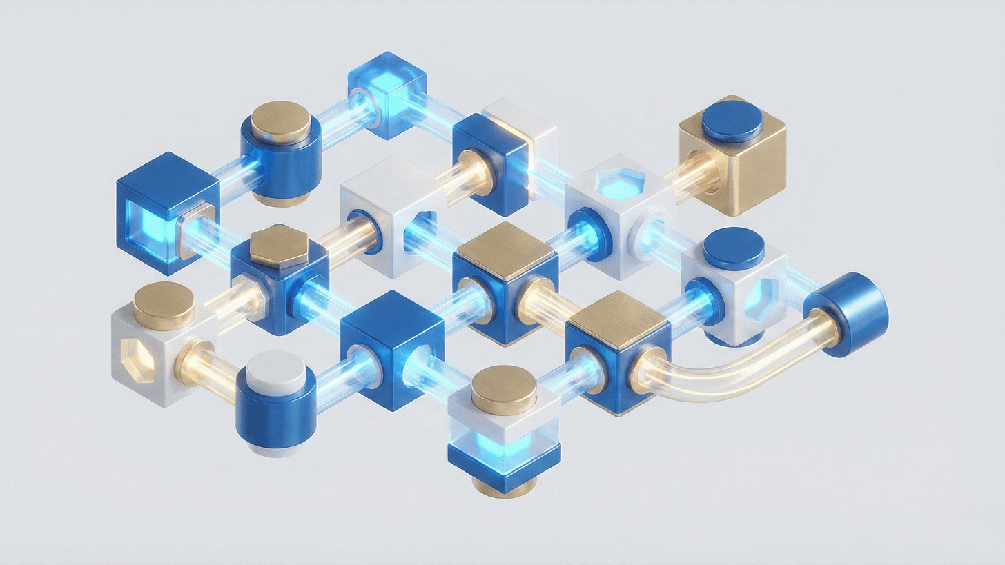 Abstract geometric visualisation of interconnected digital components, each independently illuminated while forming a unified platform architecture