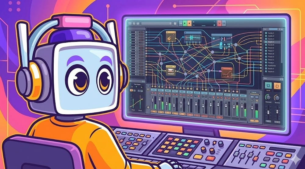 Neuralbuddy character sitting in front of a digital audio workstation monitor displaying a complex project file with intricate interconnected signal routing lines and mixing controls.