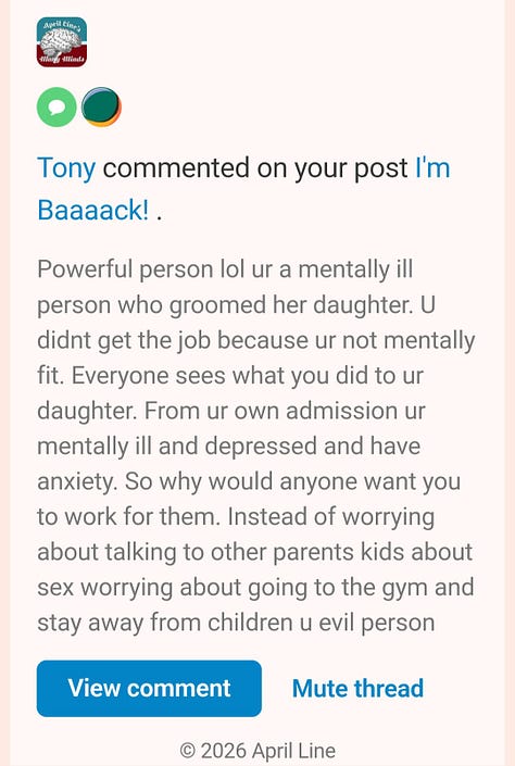 Screen Caps of unhinged comments on substack posts