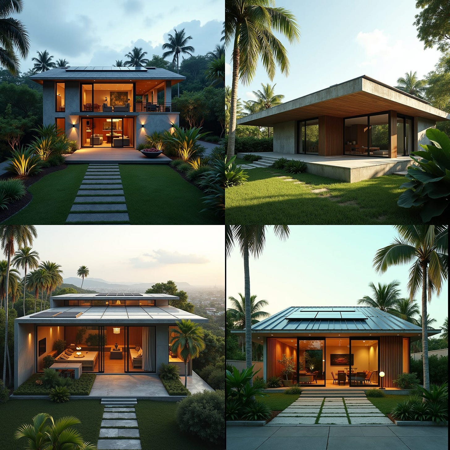 An eco-friendly, modern home in the heart of Kingston, Jamaica, designed with sustainability at its core. The house features a minimalist aesthetic with a flat roof equipped with solar panels and sleek rainwater tanks positioned around the structure for water harvesting. The exterior blends natural materials like reclaimed wood and concrete, providing both durability and environmental harmony. Palm trees and a few native plants frame the house, offering subtle greenery against the urban backdrop. Large windows maximize natural light, while the design ensures energy efficiency through proper insulation and natural ventilation. Eco-conscious architecture, urban sustainability, minimalist design.