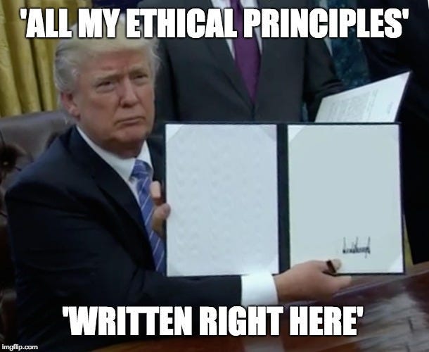 President Trump holds up a blank page. The text on top is: “All my ethical principles are written right here.”