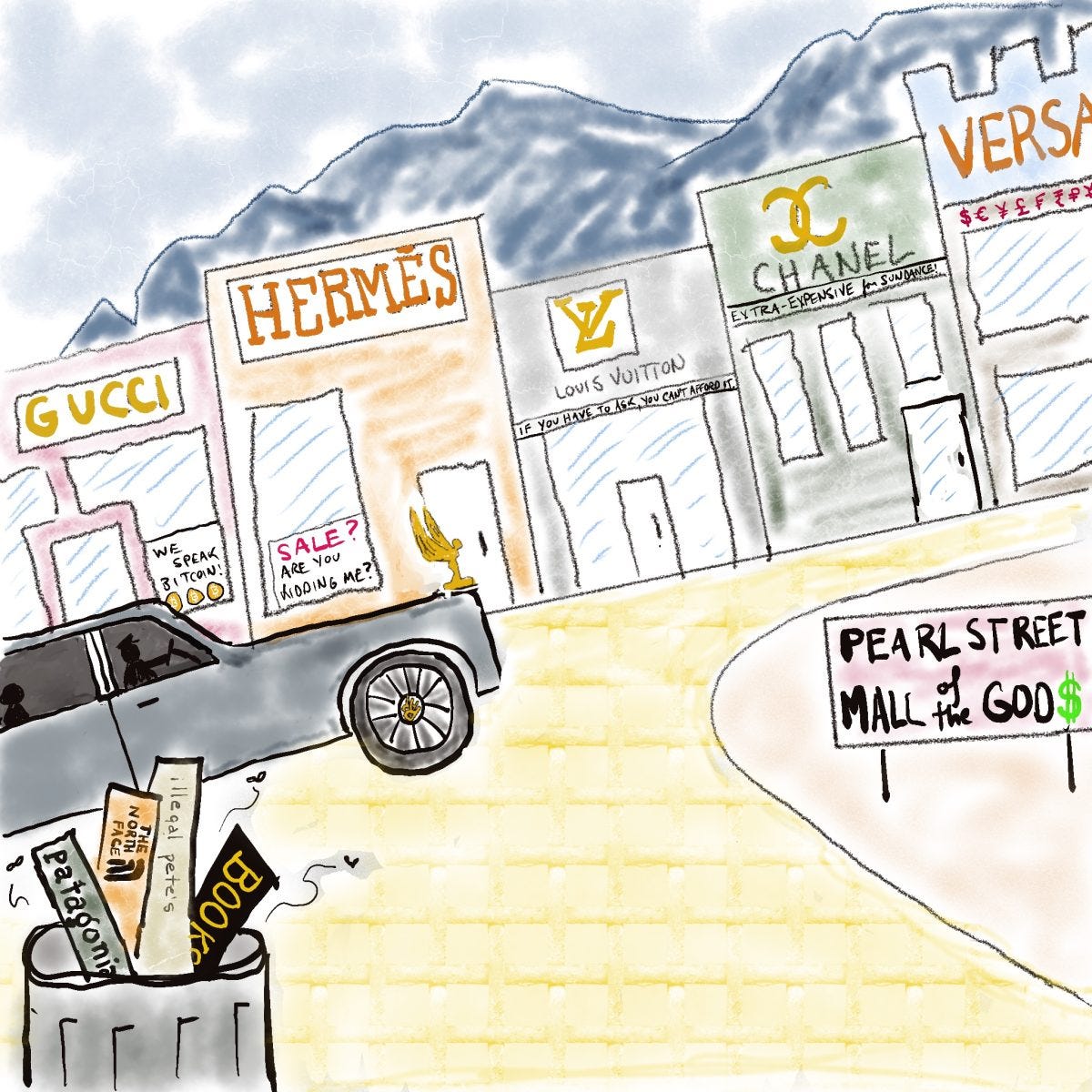 A cartoon of the Pearl Street Mall in Boulder with all of the retail spots filled by luxury brands. There is a trashcan filled with signs from Patagonia, The North Face, Illegal Pete's and the Boulder Bookstore