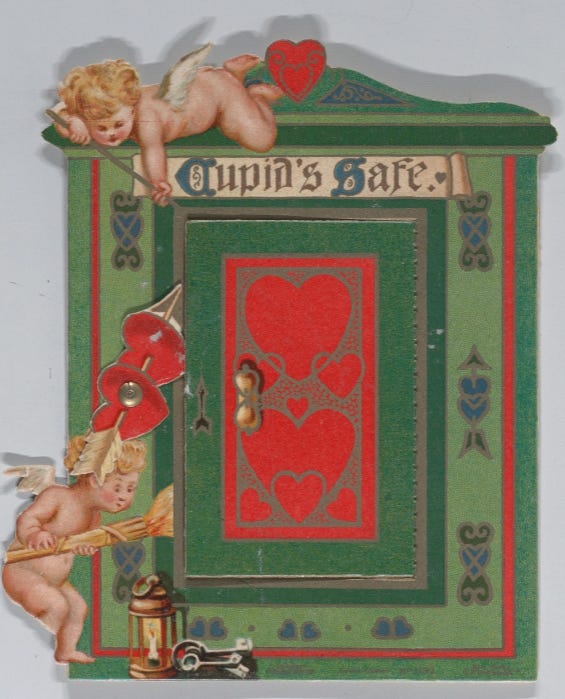 Vintage valentine card with two cherubs opening a green safe that has the words "cupid's safe" on it