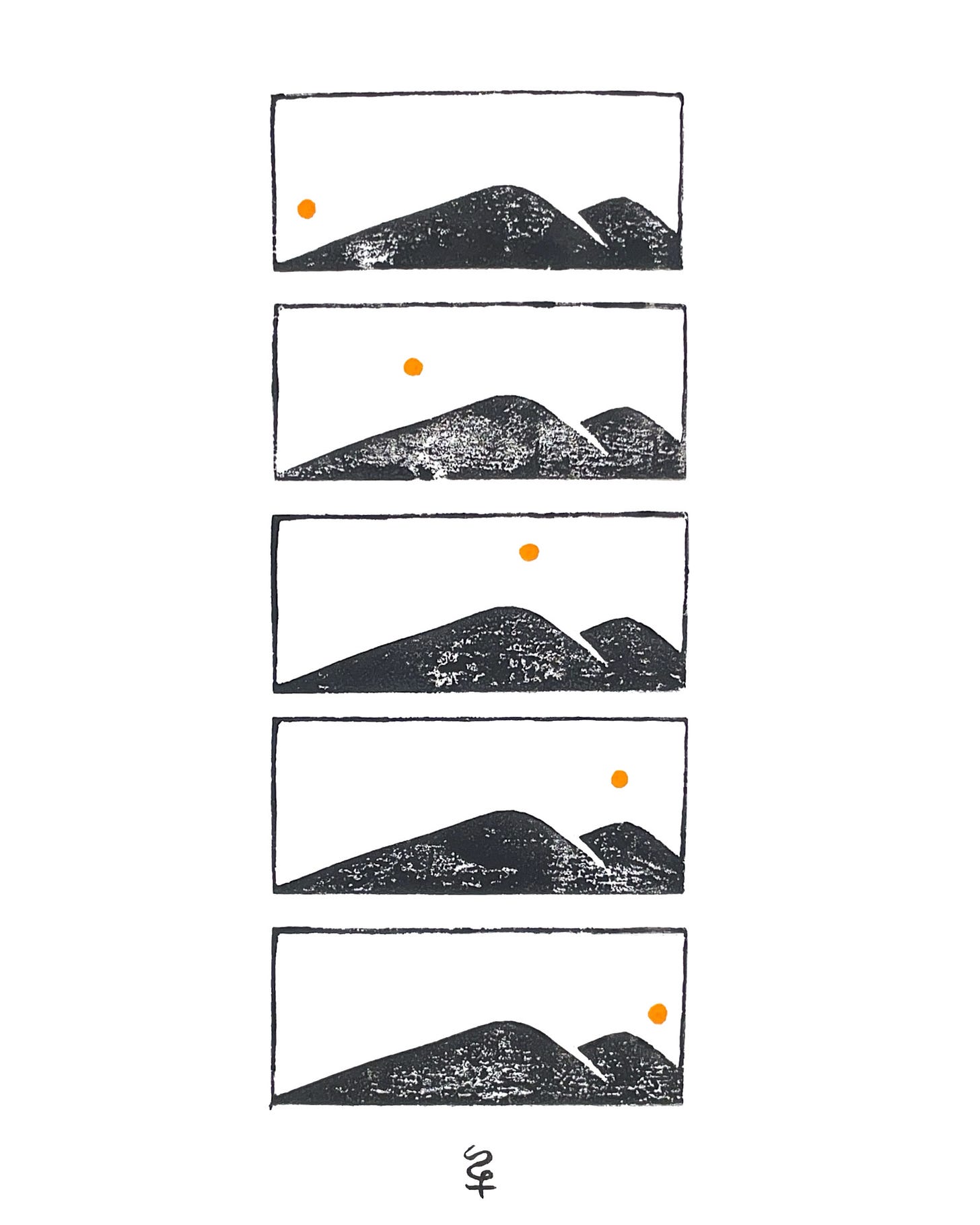 Black linocut print arranged in five horizontal frames. Each frame shows the same textured mountain silhouette in black. A small orange circle representing the sun moves gradually from the far left in the first frame, rises above the mountains in the middle frame, and shifts toward the right edge in the final frame. The sun is hand-painted, creating a subtle contrast with the rough carved texture of the mountains. Black linocut print arranged in five horizontal frames. Each frame shows the same textured mountain silhouette in black. A small orange circle representing the sun moves gradually from the far left in the first frame, rises above the mountains in the middle frame, and shifts toward the right edge in the final frame. The sun is hand-painted, creating a subtle contrast with the rough carved texture of the mountains.