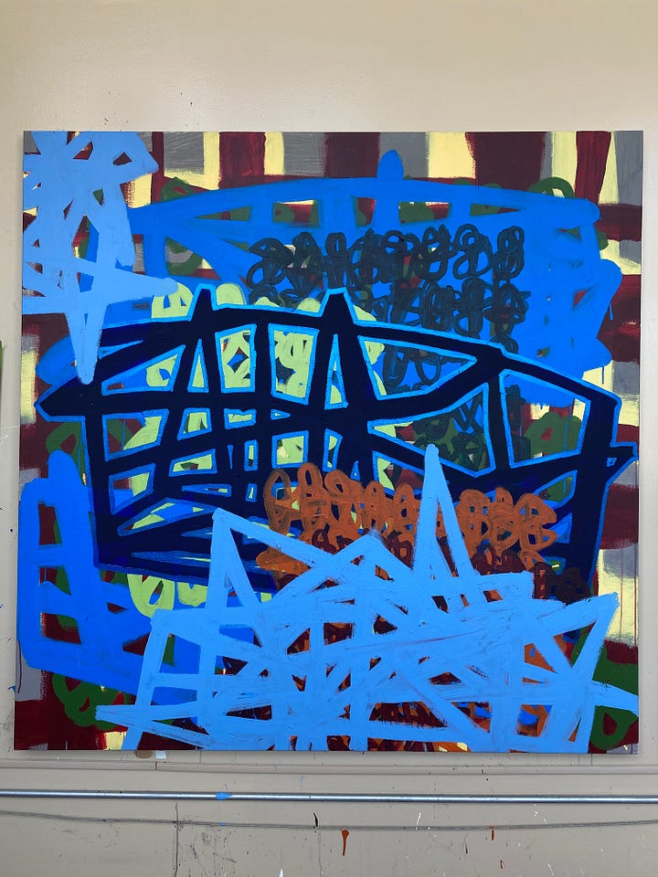 seven progress photos of the painting Untethered Variance, summer 2021. A square painting with lots of strong, geometric street or map-like and grid shapes dominated by various shades of blue and other colors
