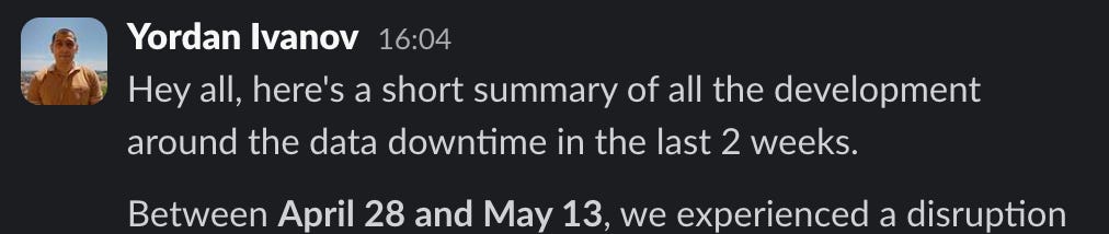 The beginning of a postmortem incident summary 