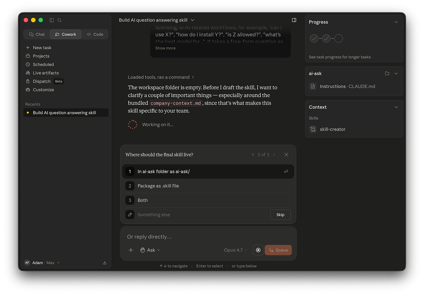 The skill-creator QCM showing question 3 of 3, “Where should the final skill live?”, with options for the ai-ask folder, packaged as .skill file, or both.