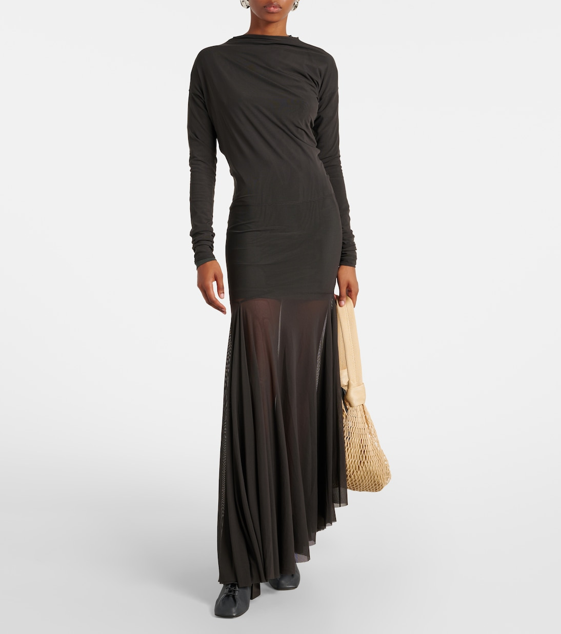 Draped jersey and mesh maxi dress in brown - Lemaire | Mytheresa