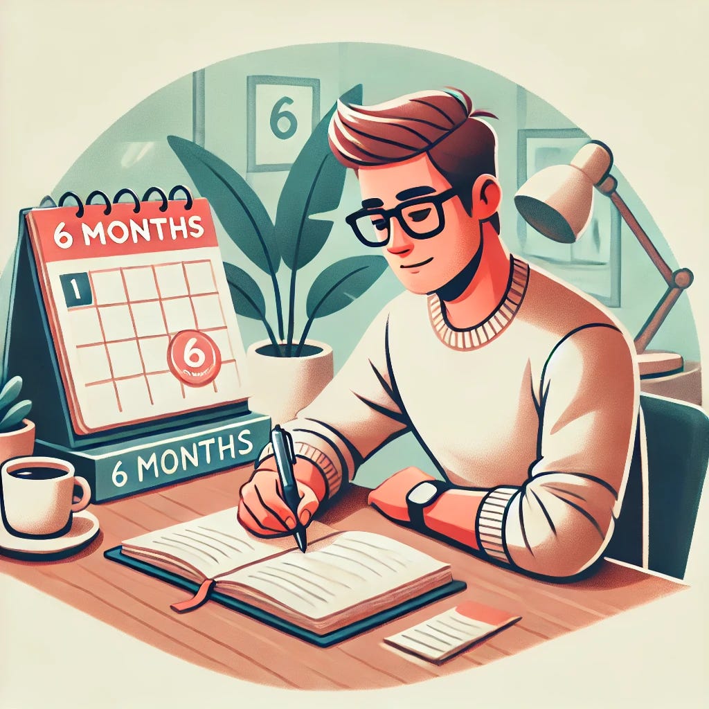 A cartoon-style image of a man sitting at a desk, writing a six-month reflection letter. The man is wearing glasses, looking focused, with a pen in his hand. The desk has an open notebook, a plant, a cup of coffee, and a calendar showing '6 months' behind him. The room has a relaxed, cozy vibe, with warm colors and soft lighting, suggesting a reflective and thoughtful moment.