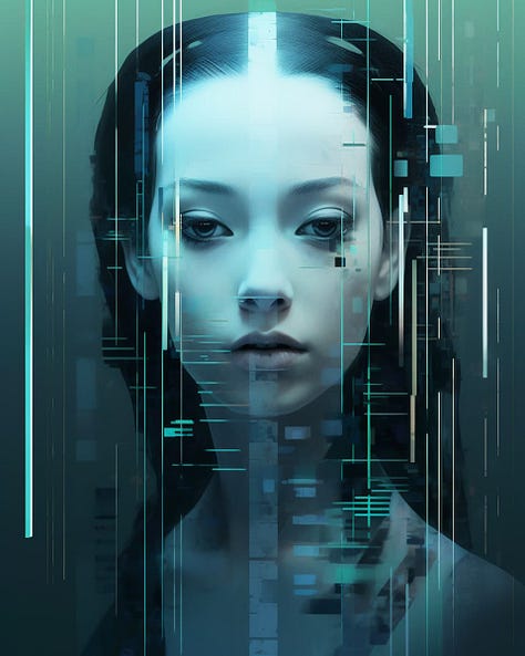 Art in the style of zen - inspired, digital manipulation, vertical glitch art, contrasting balance, solarizing master, cyberpunk, dark white and dark cyan, subtle gradients