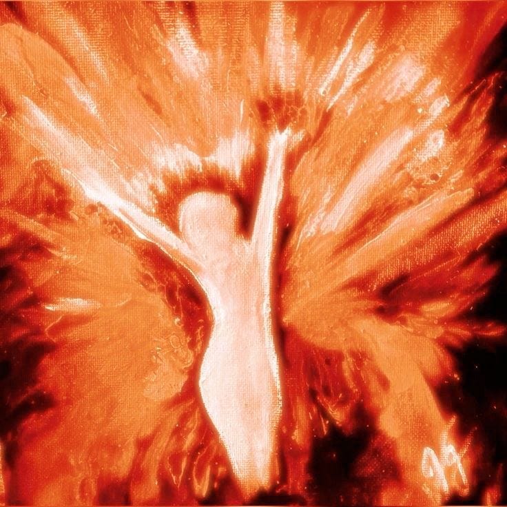 This may contain: an abstract painting of a woman's body and wings