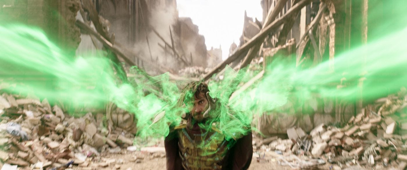 Mysterio shooting green lasers from his hands with ruined buildings in the background Mysterio shooting green lasers from his hands with ruined buildings in the background