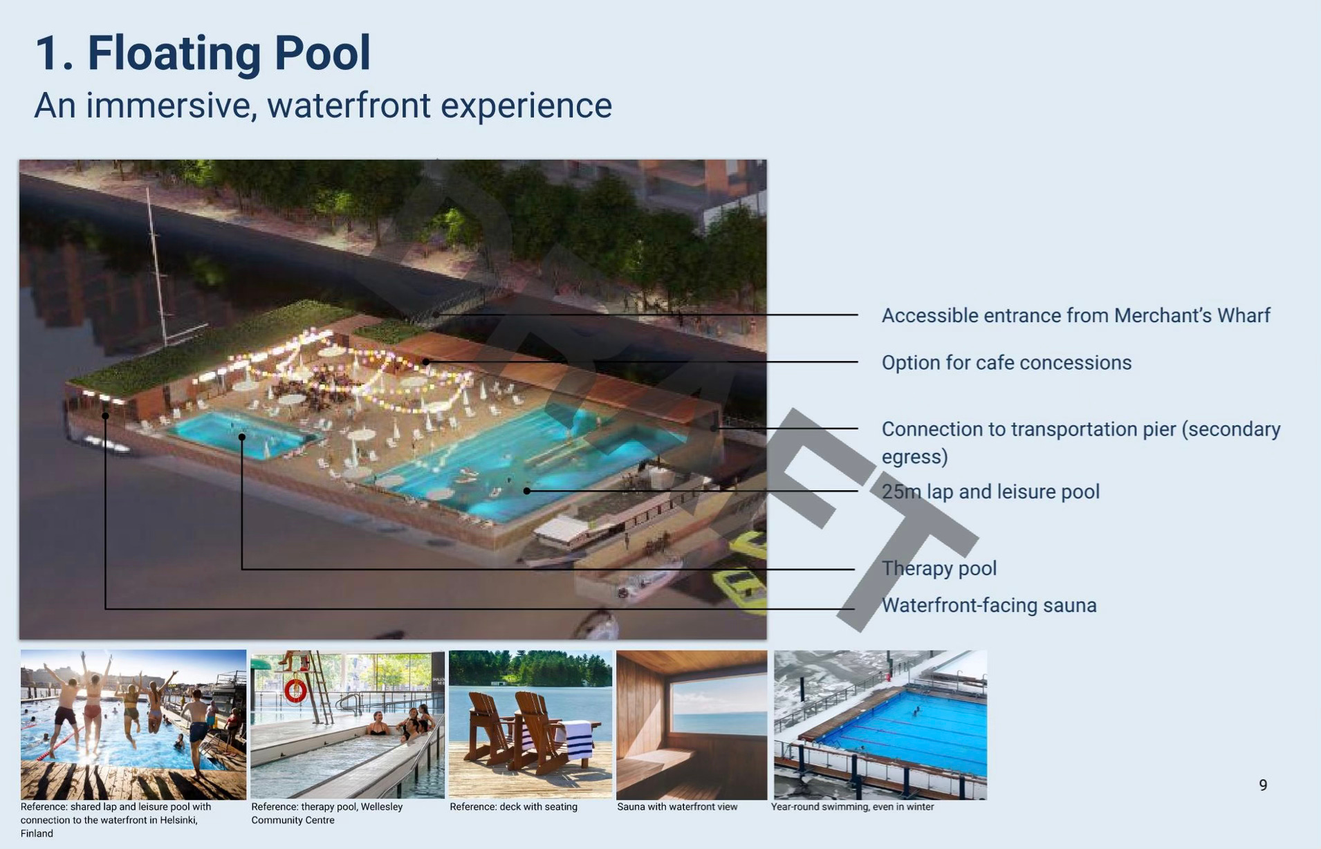 An image from a Design Review Panel presentation, showing the plan for a "floating pool" at the foot of Parliament Street