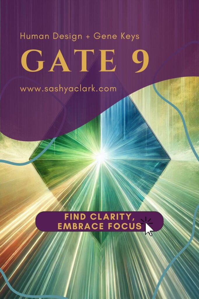 A serene and artistic representation of a prism, designed to embody the energy of Gate 9 – Focus. The prism should radiate soothing shades of emerald.  The text says, "Find Clarity, Embrace Focus"