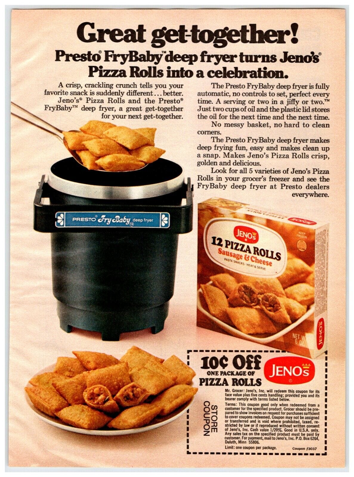 JENO PIZZA ROLLS FRY BABY DEEP FRYER Vintage 1970's 8" X 11" Magazine Ad  M200
