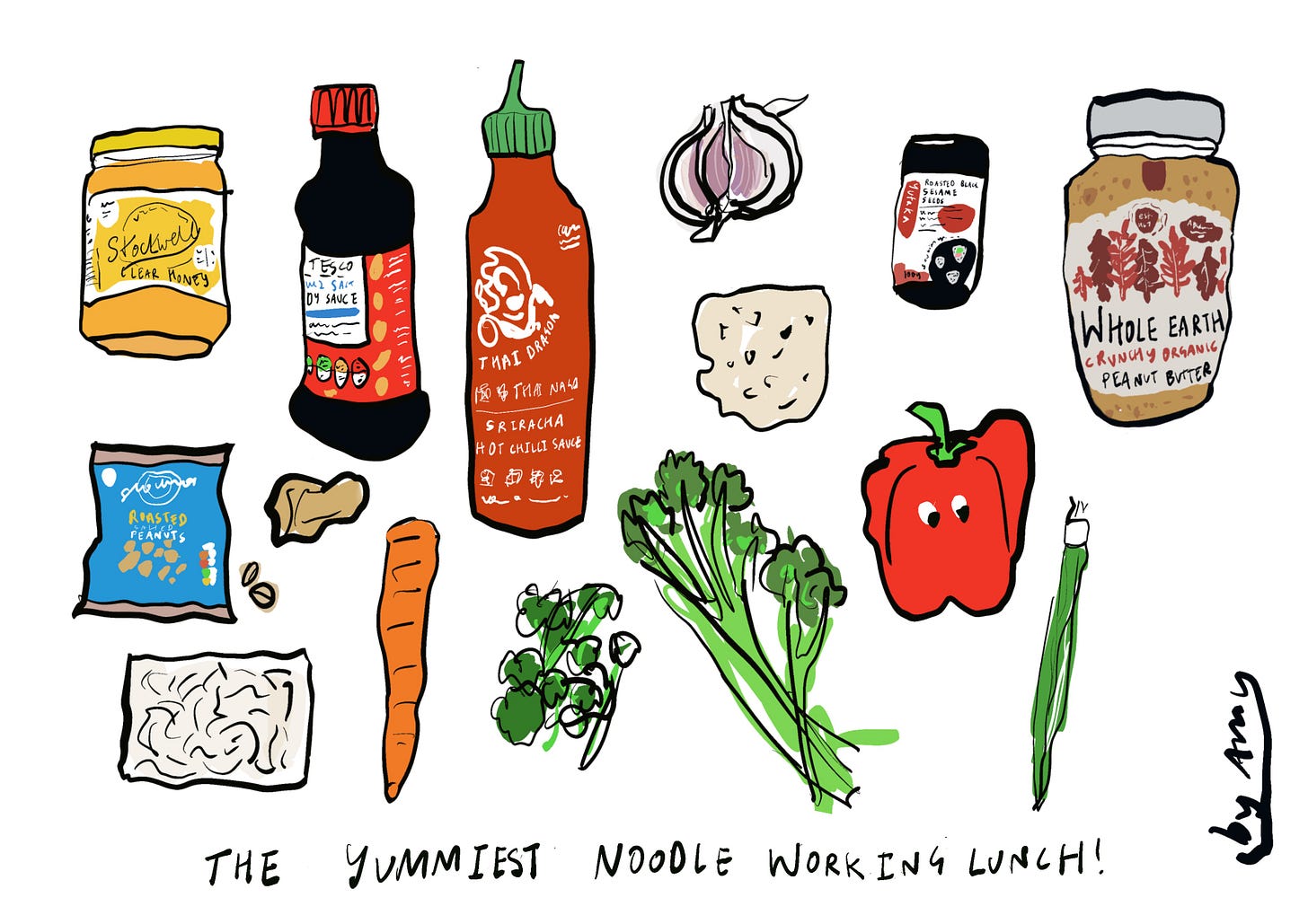 Amy Nolan's doodles of the ingredients from the spicy peanut noodles