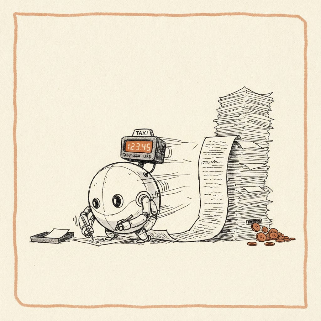 A little robot cranking out pages with a taxi meter on its back ticking up — output tokens are the real cost driver