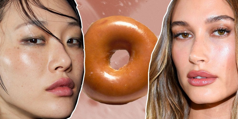 Collage featuring close-up swatches of glossy, high-shine lips next to a glazed doughnut, representing the 2026 dessert beauty makeup trend.