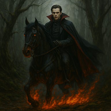 A dark fantasy illustration of Strahd Von Zarovich, visually inspired by Bill Skarsgaard, emerging from the Svalich forest astride his nightmare steed Bucephalus. Strahd has pale, angular features, piercing eyes, and a regal yet haunted expression. He wears a high-collared black cloak that trails smoke and shadow, and his armor gleams faintly with crimson accents. Bucephalus is a hellish horse with flaming hooves, glowing red eyes, and steam rising from its nostrils. The forest behind them is twisted and fog-shrouded, with gnarled trees and moonlight filtering through the mist. Strahd and Bucephalus are framed by curling fog and flickering embers, casting an eerie glow as they emerge from the woods.