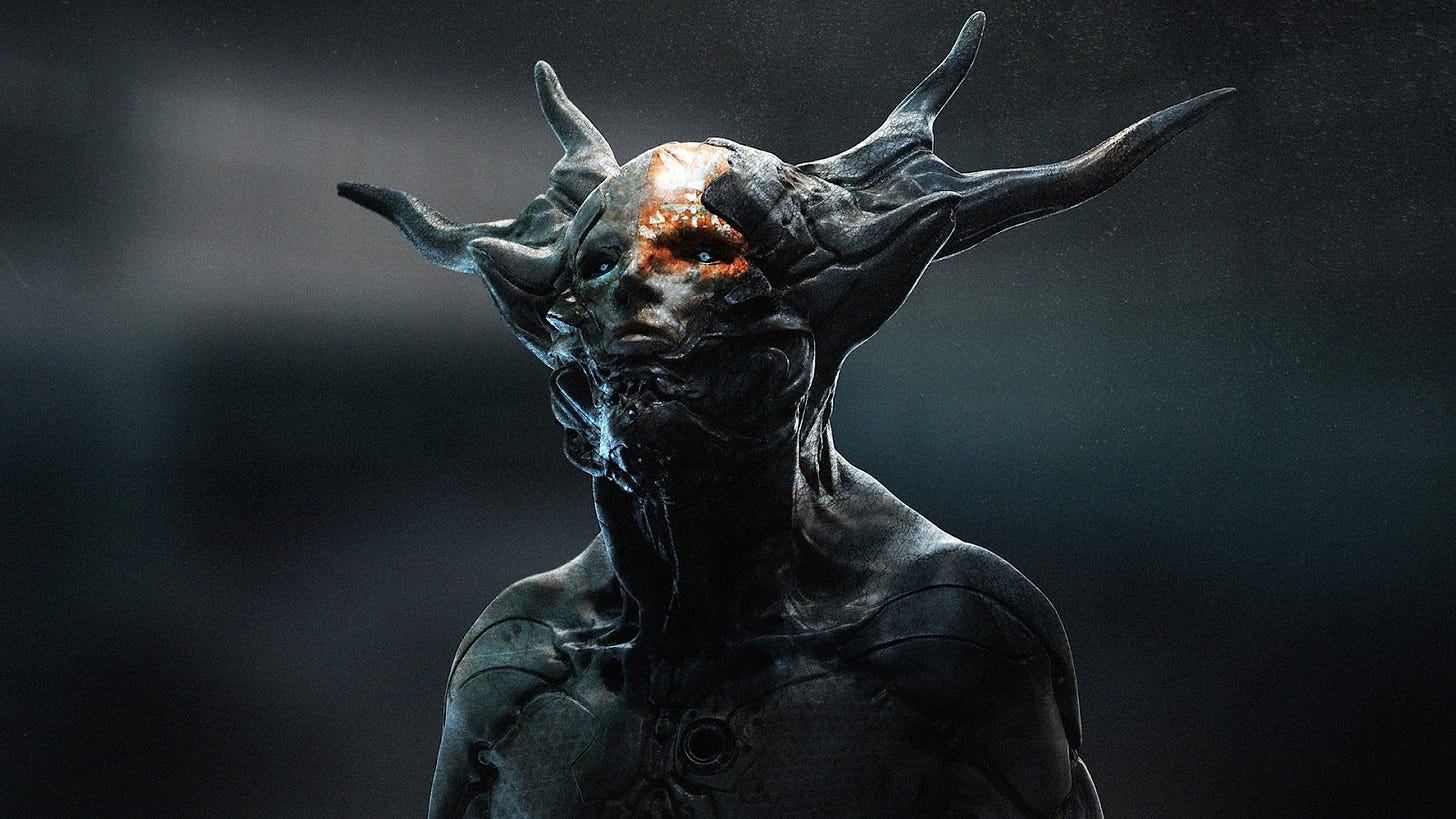 A dark 3D render of a transhuman person with antler-like horns. A dark 3D render of a transhuman person with antler-like horns.