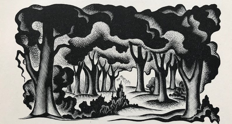 May include: Black and white woodcut print depicting a forest scene with tall trees and a small building in the distance. May include: Black and white woodcut print depicting a forest scene with tall trees and a small building in the distance.