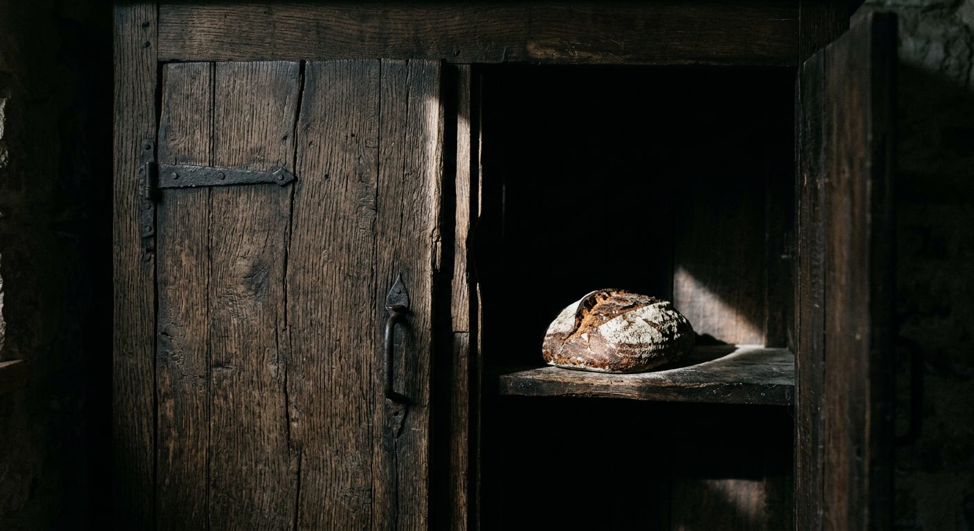 A dramatic photograph of a weathered wooden cupboard door left slightly ajar, revealing a single loaf of bread on a shelf under a sharp beam of light. A dramatic photograph of a weathered wooden cupboard door left slightly ajar, revealing a single loaf of bread on a shelf under a sharp beam of light.