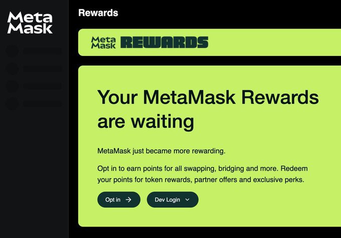 A webpage screenshot displaying the MetaMask logo on the left, featuring a stylized mask design in black and white. On the right, a green background with the text "MetaMask Rewards" in bold yellow letters at the top. Below, the text reads "Your MetaMask Rewards are waiting" in large black font, followed by smaller text stating "MetaMask just became more rewarding. Opt in to earn points for all swapping, bridging and more. Redeem your points for token rewards, partner offers and exclusive perks." Two buttons labeled "Opt in" and "Dev Login" are visible in green.