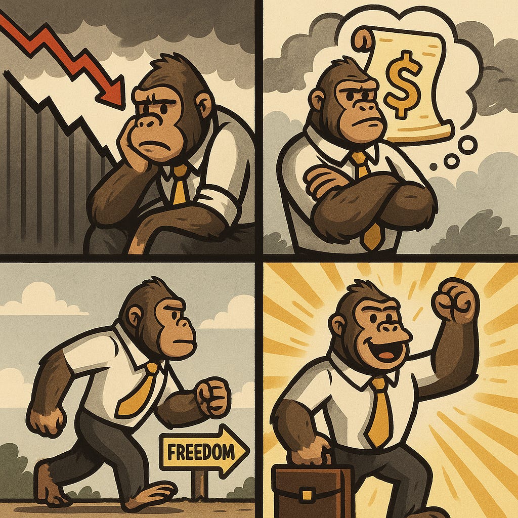 Four-panel gorilla cartoon showing survival to freedom: market crash, struggle, determination, and success
