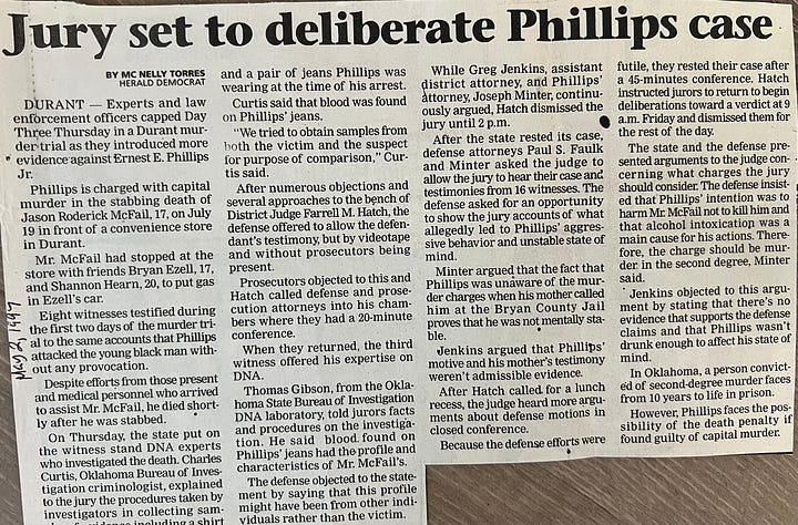 Stories as published in the Herald Democrat in 1997 depicting the newspaper coverage of a death penalty trial in Durant, Oklahoma. (Mc Nelly Torres | Don't Forget My Voice)