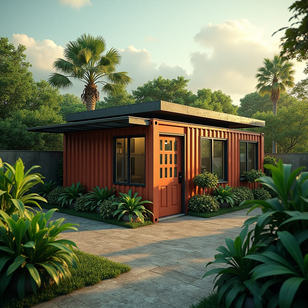 A modern container structure in Jamaica, cleverly designed as a half-shop, half-home. The lower half serves as a sleek, minimalist storefront with large glass doors, blending commercial functionality with contemporary design. The upper half is a cozy, eco-friendly living space made from repurposed shipping containers, featuring large windows for natural light, solar panels for energy efficiency, and rainwater harvesting tanks. The exterior combines raw steel with wooden accents, giving it an industrial yet stylish look. Surrounded by a few tropical plants, the structure fits seamlessly into the urban setting. Industrial chic, sustainable design, multifunctional living.