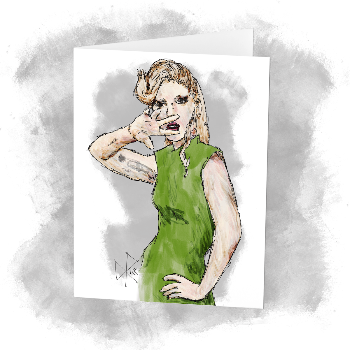 Lady Gaga standing in a green dress, one hand on her hip and the other raised and partially obscuring her face. Sketch art by Don Rice.