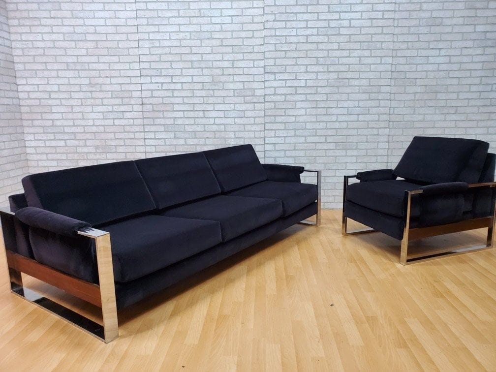 Mid Century Modern Adrian Pearsall Chrome Flat Bar Sofa and Lounge Chair Newly Upholstered Black