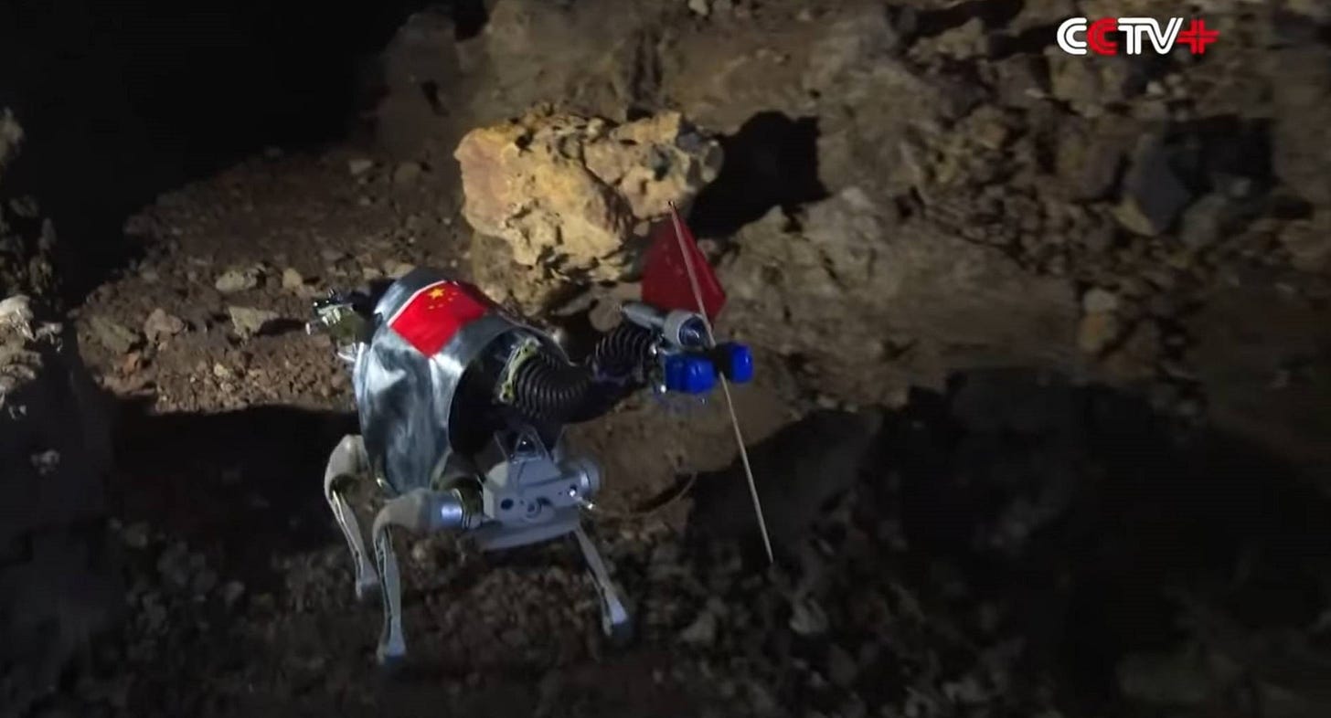 A robot navigating through a cave, similar to lava tubes found on the Moon.