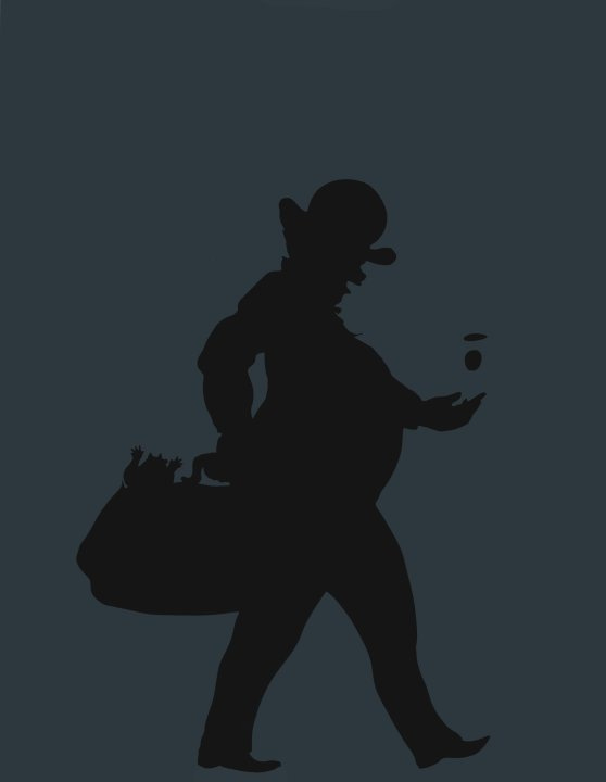 Silhouette by Kara Walker showing a man with a large belly tossing coins, carrying a bag of goods. Silhouette by Kara Walker showing a man with a large belly tossing coins, carrying a bag of goods.