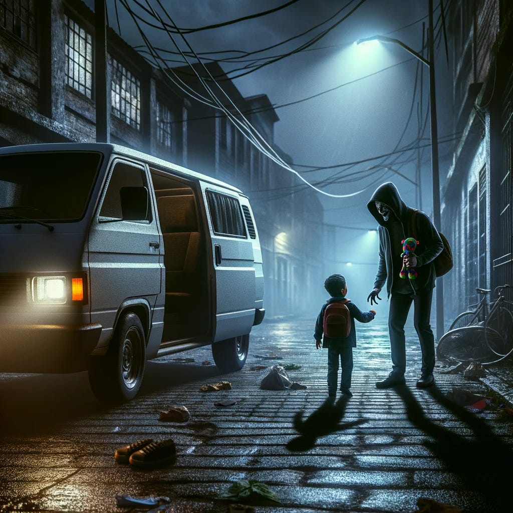 A suspenseful and eerie scene of a creepy kidnapper attempting to lure a child. The kidnapper, wearing a dark hoodie, leans out of a slightly open white van parked under dim, flickering streetlights in a desolate urban area at night. He holds out a colorful toy in a menacing attempt to attract a child. The child, depicted as a small, hesitant figure with a backpack, stands a short distance away, partially illuminated by the flickering light. The environment includes cracked pavement, scattered trash, and old buildings with faint, broken windows. The lighting is moody, with dramatic shadows and a cold mist adding tension. Created using photorealistic detailing, atmospheric lighting, and a gritty, cinematic style. HD rendering.