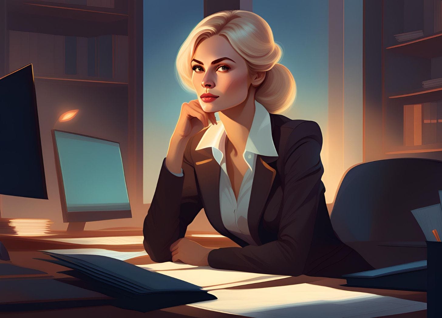 A Russian woman with blonde hair and brown eyes sits worried at her desk. She is concerned about her retirement and the 6% trap. A Russian woman with blonde hair and brown eyes sits worried at her desk. She is concerned about her retirement and the 6% trap.