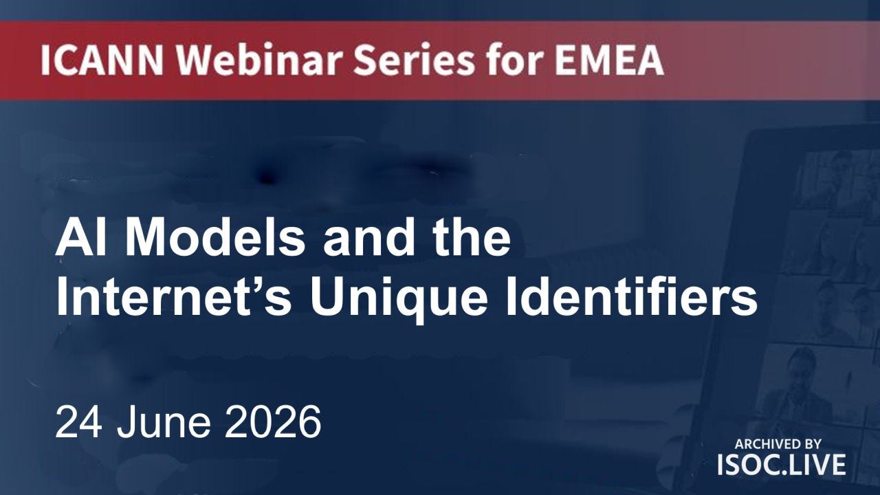 A dark blue title card overlays a blurred photograph of hands typing on a laptop. A red-to-muted-pink banner across the top reads “ICANN Webinar Series for EMEA” in white. Large white text at center-left reads “AI Models and the Internet’s Unique Identifiers,” with “24 June 2026” below. An “ARCHIVED BY ISOC.LIVE” watermark appears in the lower-right corner.