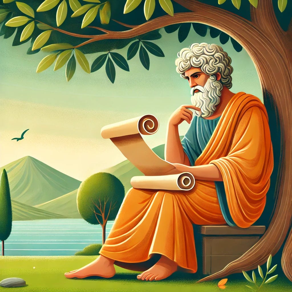 A philosopher in ancient Greek robes sitting under a tree, reading a scroll with a thoughtful expression. The background shows a peaceful landscape, symbolizing clarity of mind. No text or words in the image.