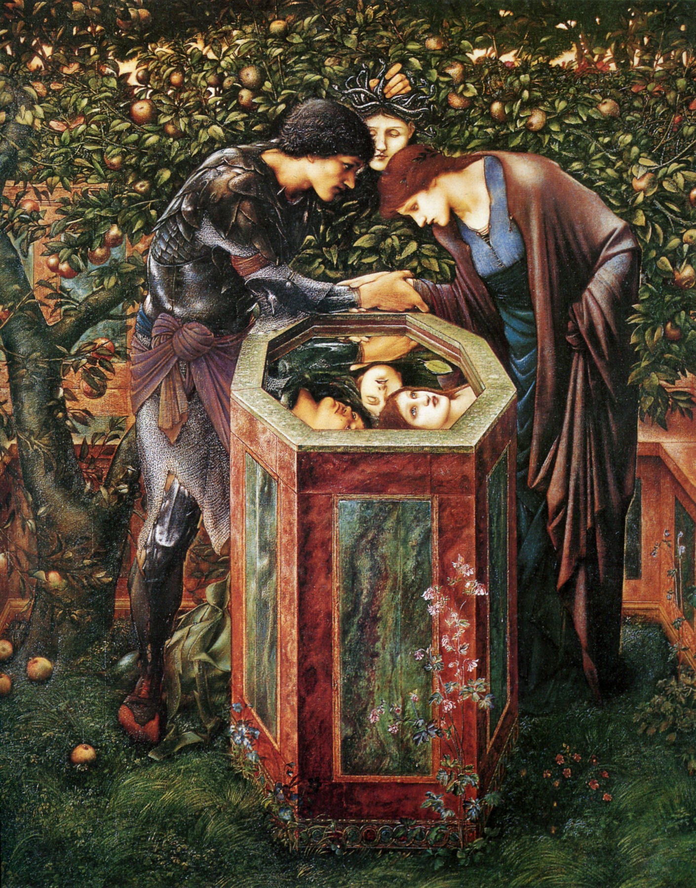 A man and a woman leaning over a marble well to see the reflection of Medusa's head in the water, under an apple tree A man and a woman leaning over a marble well to see the reflection of Medusa's head in the water, under an apple tree