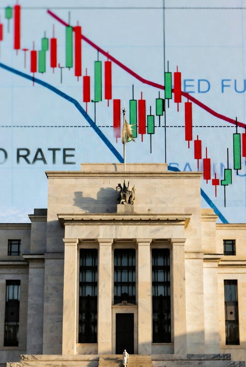 A photograph of the Federal Reserve Building with a superimposed financial chart showing interest rate trends.