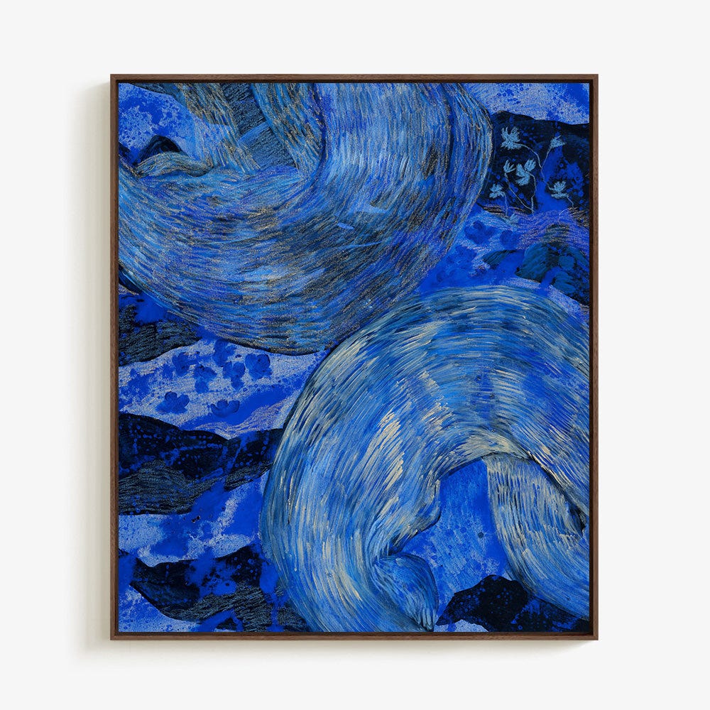 Sarana Haeata's Summer Nights, two large curling forms in layered blues over a patterned blue ground, shown in a dark wood frame.